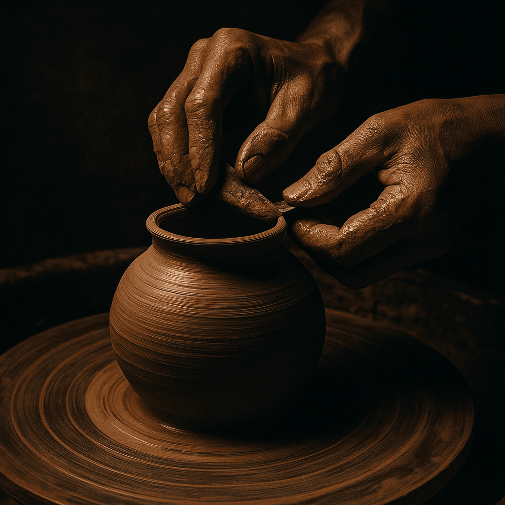 A maker’s hands bringing a ceramic vessel into shape